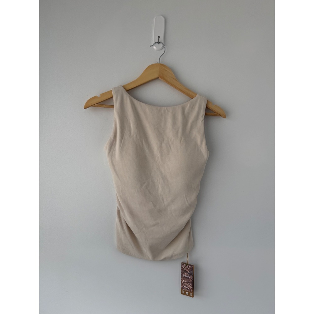 OGL Move Ribbed Ruched Tank Top Cream Beige Built-in Bra 240426-1723W22 Size M